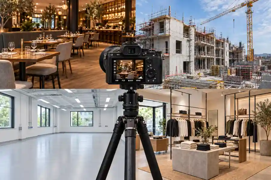 Kamera auf Stativ, dahinter Restaurant, Baustelle, Büro und Laden als Beispiele für 360 Grad Rundgänge
