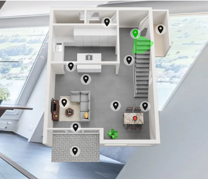 3D Grundriss mit Aufnahmepunkten für einen virtuellen 360 Grad Rundgang einer Wohnung