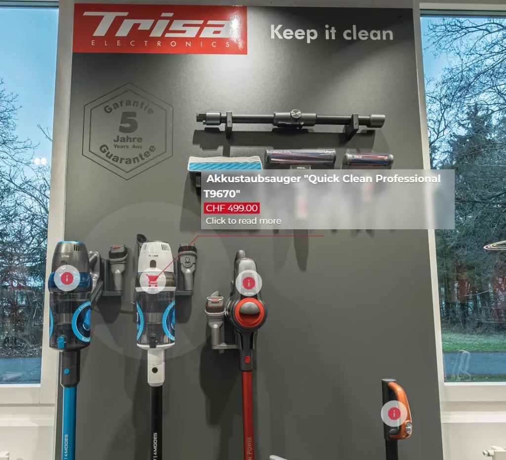 Info-Hotspot mit Produktinformation und Preis in einer virtuellen 360 Grad Showroom Tour
