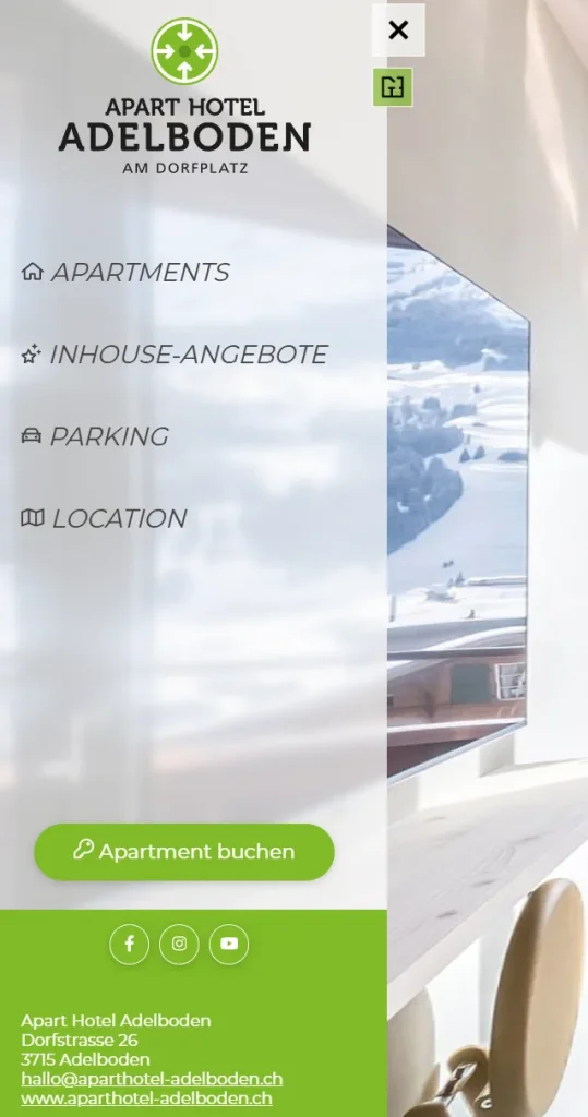 Menüanzeige mit Apartments, Angeboten und Parking in einer 360 Grad Tour für Hotels