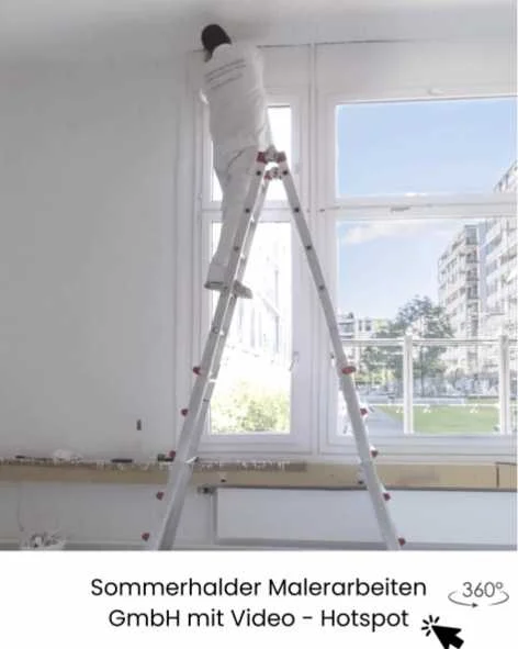 Video-Hotspot im 360 Grad Rundgang zeigt Malerarbeiten, ideal für Handwerksbetriebe