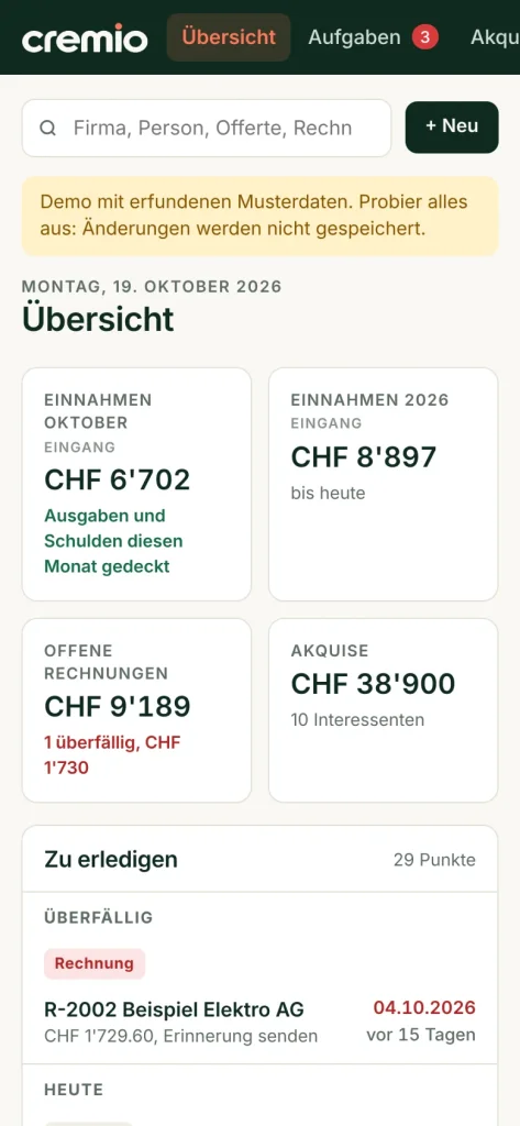 Cremio Übersicht mit Kennzahlen, Aufgaben und Aufträgen