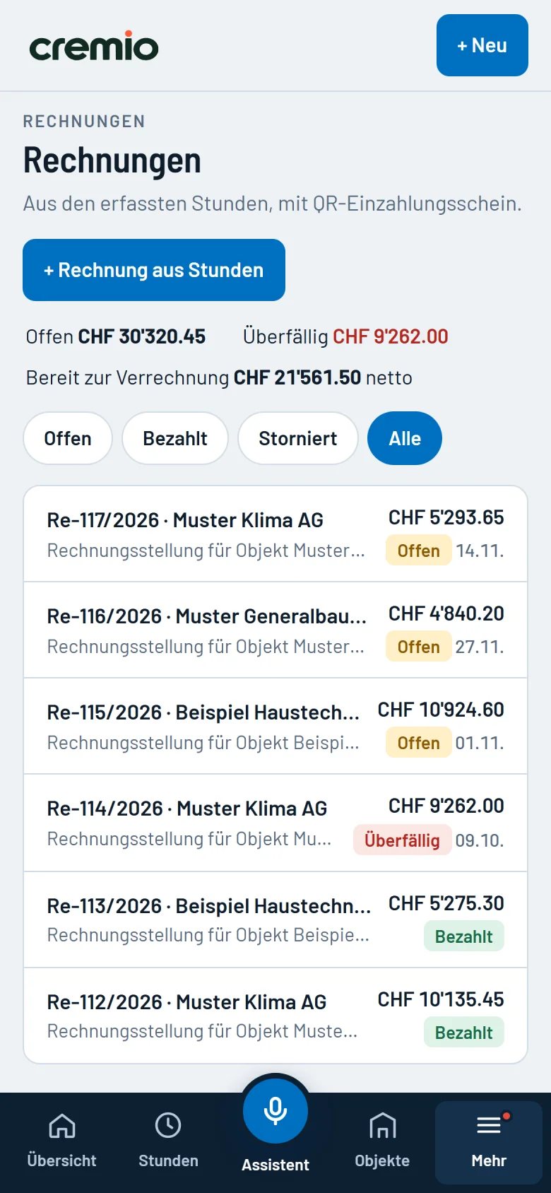 Demo von Cremio am Handy: Rechnungsliste mit Status