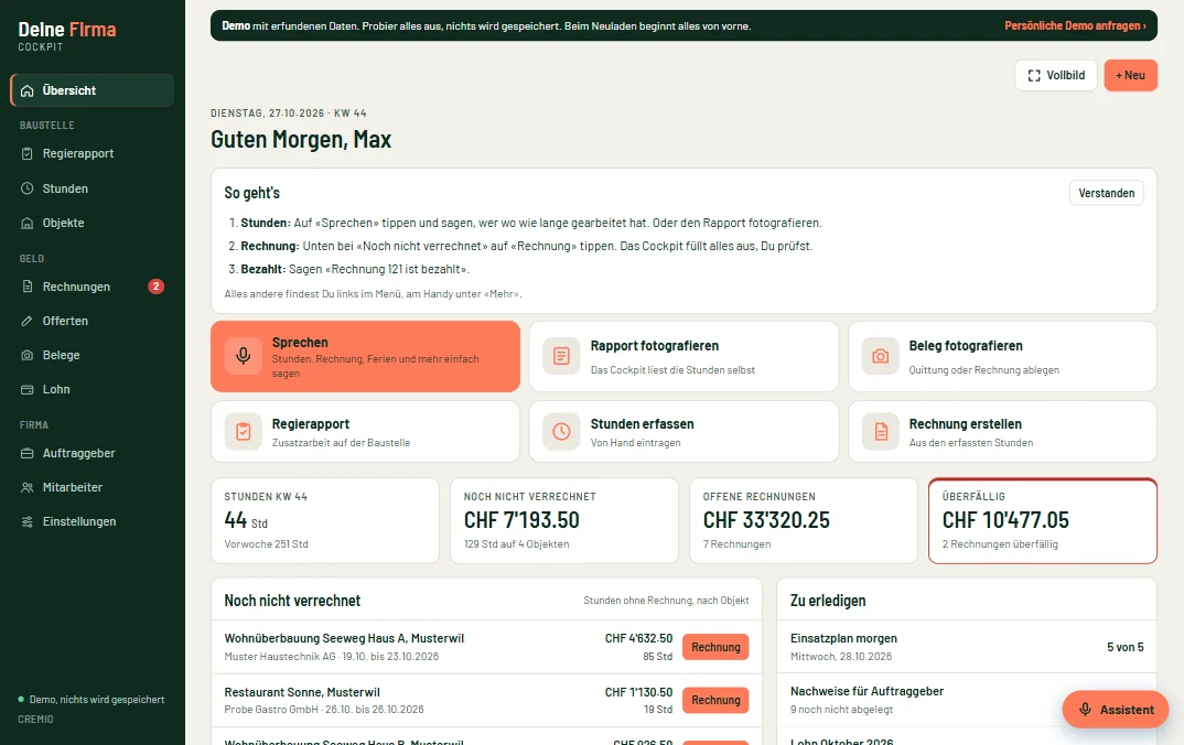 Beispiel-Cockpit des CRM Cremio mit Stunden, Rapporten und Rechnungen, erfundene Daten