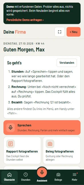 CRM Cremio auf dem Handy mit Assistent und Spracheingabe, erfundene Daten