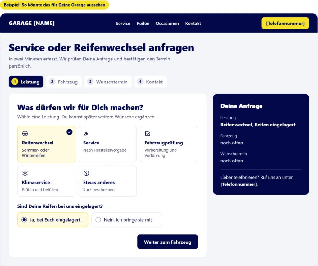 Beispiel einer Online-Terminanfrage für den Reifenwechsel