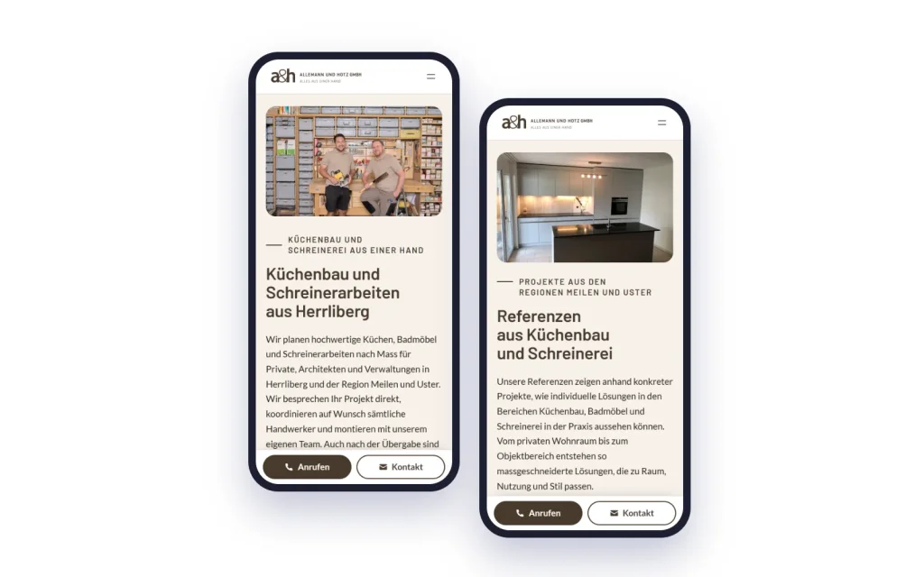 Zwei Handys mit der Startseite und der Referenzseite von Allemann und Hotz