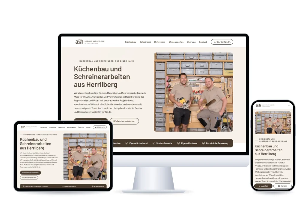 Startseite der Website von Allemann und Hotz auf Bildschirm, Tablet und Handy, zwei Schreiner in der Werkstatt