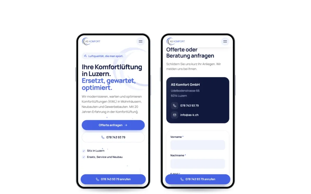 Zwei Handys mit der Startseite und dem Kontaktformular von AS Komfort, unten der Knopf zum Anrufen