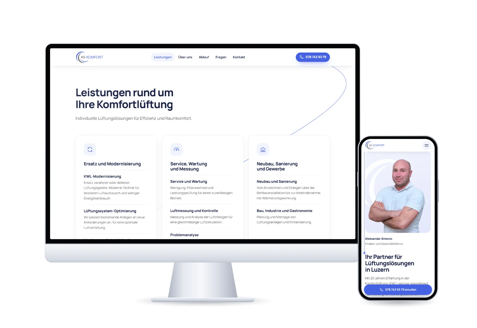 Abschnitt «Leistungen» der Website von AS Komfort auf dem Bildschirm, Abschnitt «Über uns» mit dem Inhaber auf dem Handy