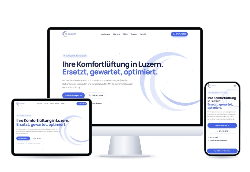 Startseite der Website von AS Komfort auf Bildschirm, Tablet und Handy
