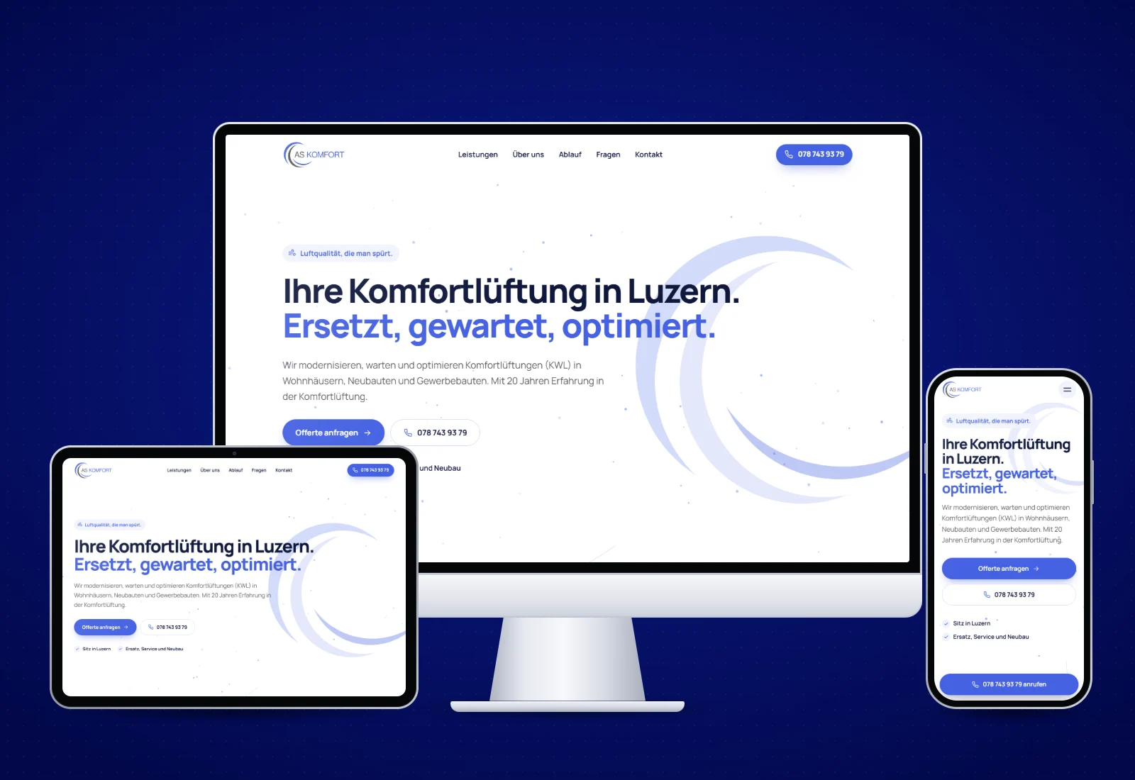 Startseite der Website von AS Komfort auf Bildschirm, Tablet und Handy