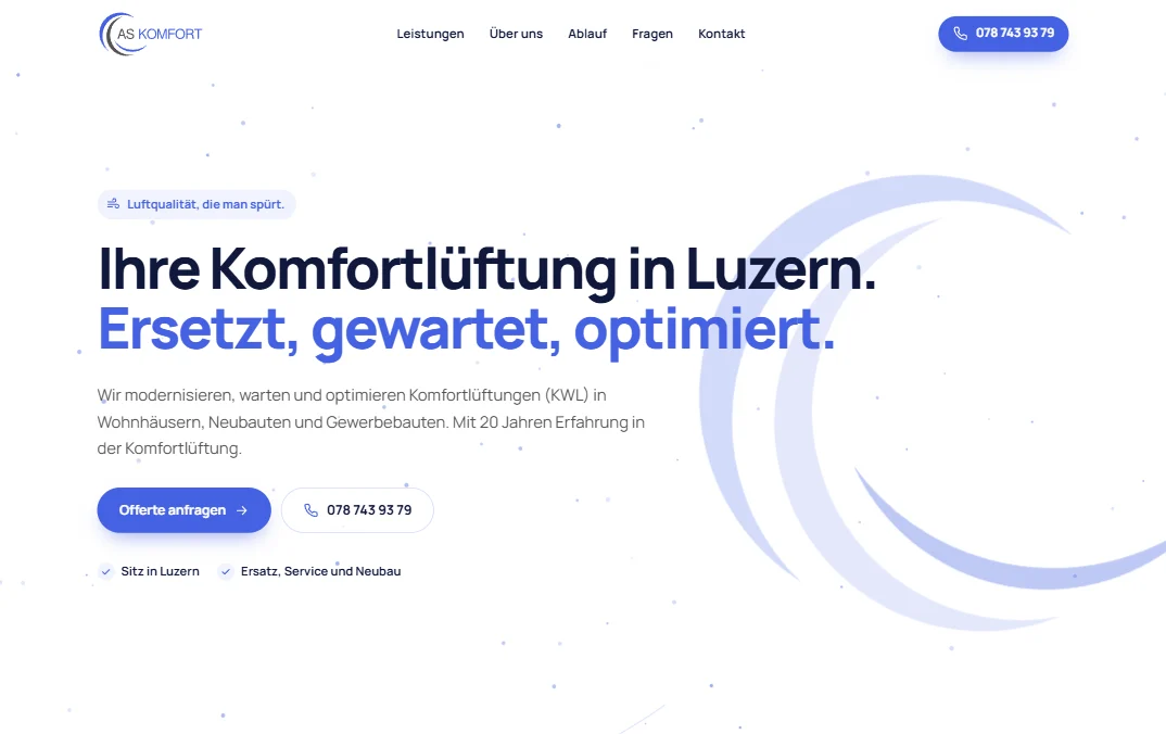 Startseite der Website von AS Komfort GmbH, Komfortlüftung in Luzern