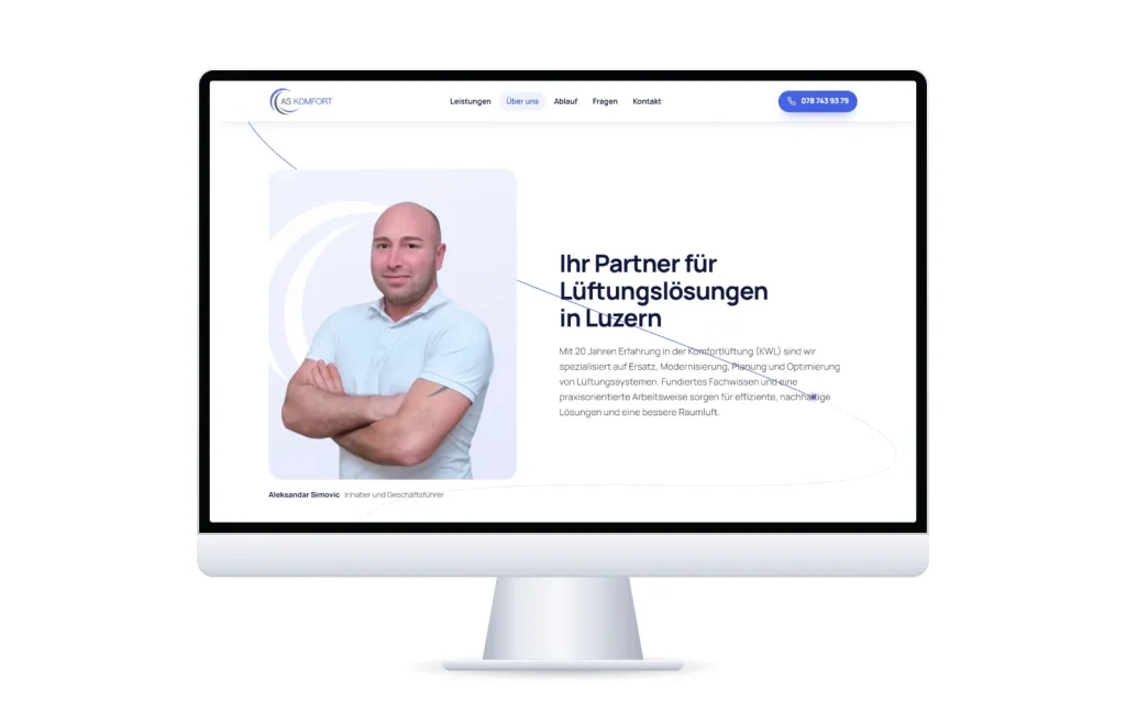 Abschnitt «Über uns» der Website von AS Komfort mit dem Portrait von Inhaber Aleksandar Simovic