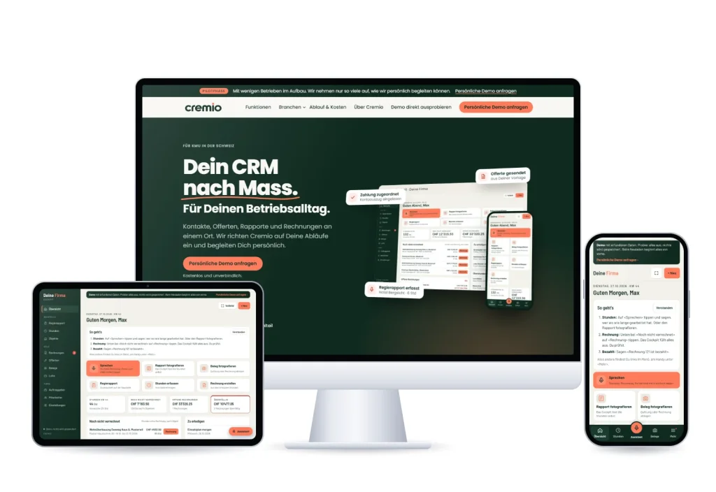 Website von Cremio auf dem Bildschirm, das CRM auf Tablet und Handy