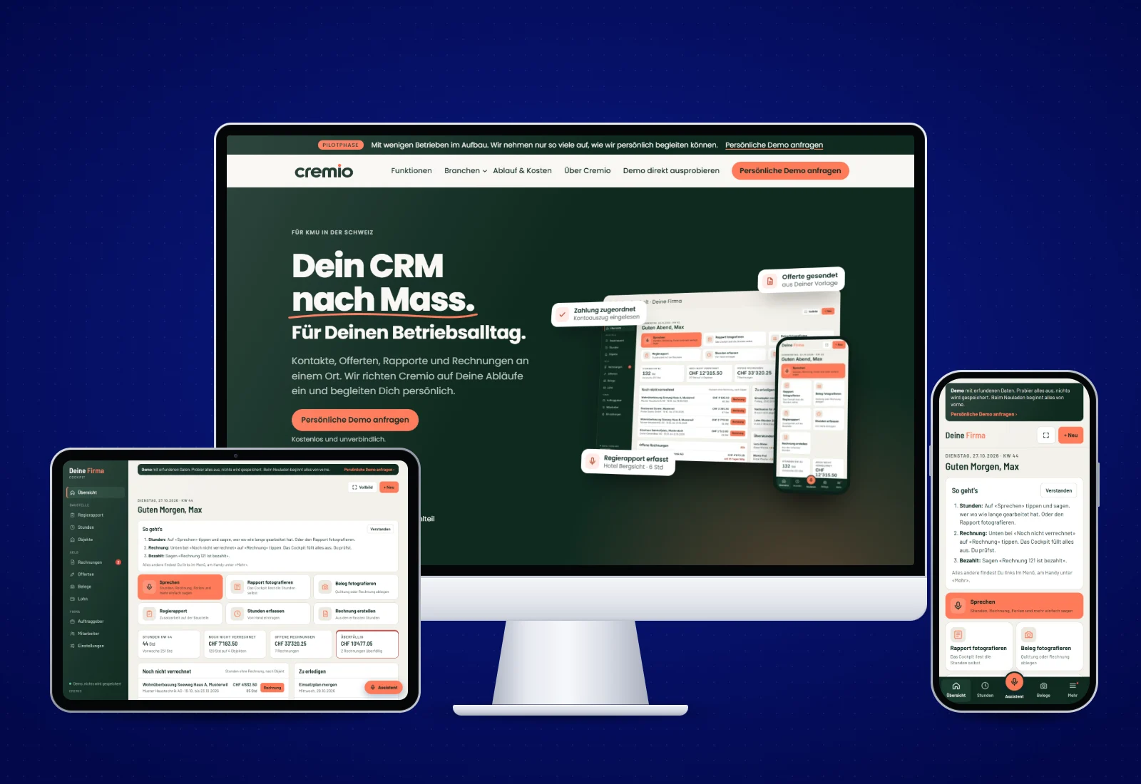Website von Cremio auf dem Bildschirm, das CRM auf Tablet und Handy