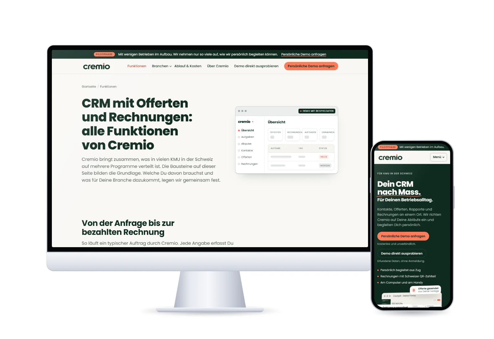 Seite «Funktionen» der Website von Cremio auf dem Bildschirm, Startseite auf dem Handy