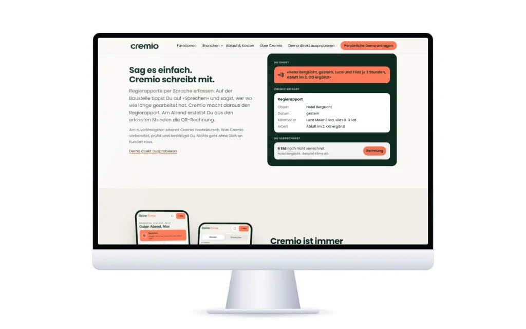 Beispiel auf der Website von Cremio: gesprochener Satz wird zum Regierapport
