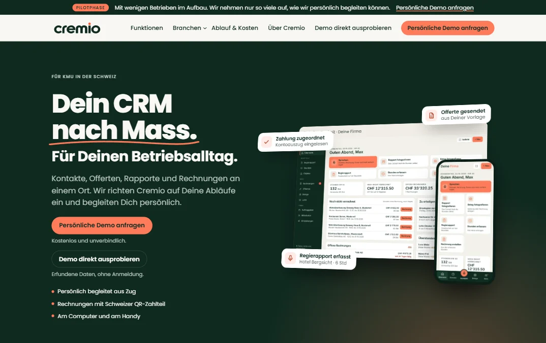 Startseite der Website von Cremio, CRM nach Mass für KMU