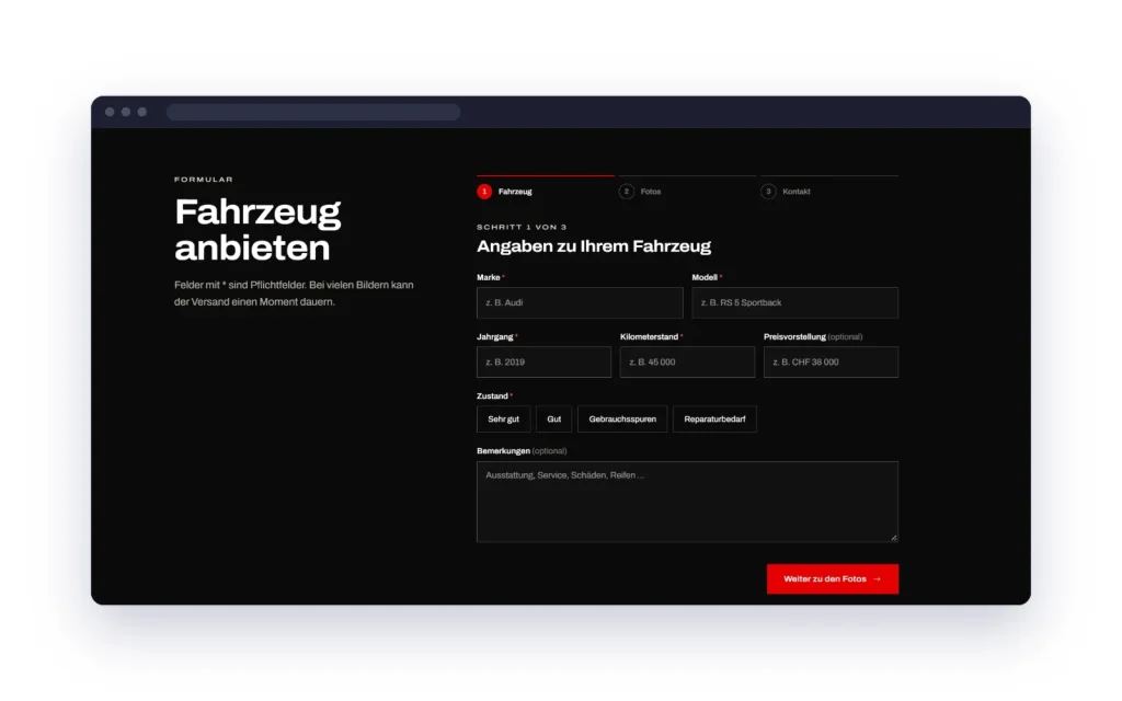 Formular «Fahrzeug anbieten» auf der Website von Sport Automobile in drei Schritten: Fahrzeug, Fotos, Kontakt