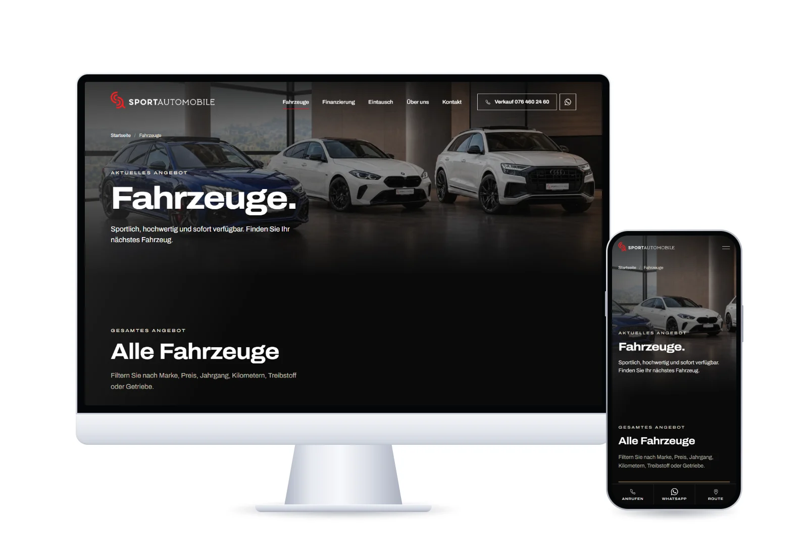 Fahrzeugseite der Website von Sport Automobile auf Bildschirm und Handy mit Filtern und Fahrzeugliste