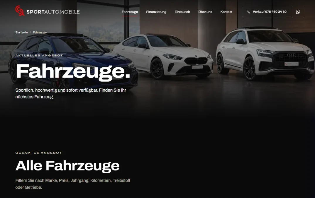 Fahrzeugseite der Website von Sport Automobile GmbH