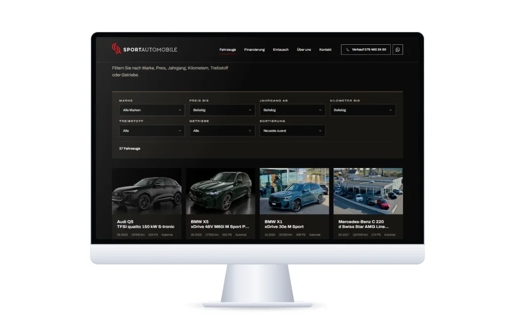 Fahrzeugsuche auf der Website von Sport Automobile mit Filtern für Marke, Preis, Jahrgang und Kilometer