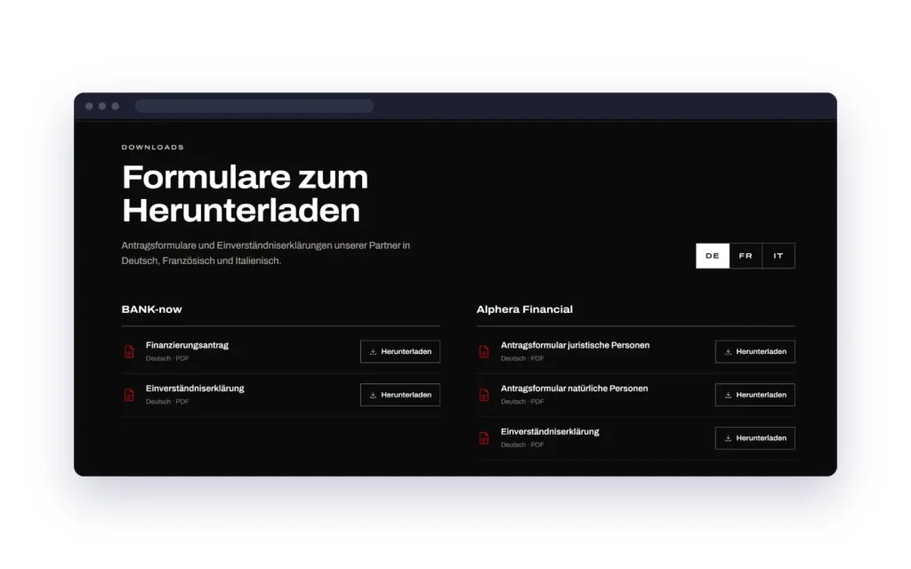 Bereich «Formulare zum Herunterladen» auf der Website von Sport Automobile mit Sprachwahl Deutsch, Französisch und Italienisch