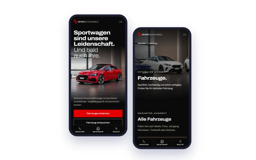 Zwei Handys mit der Startseite und der Fahrzeugseite von Sport Automobile