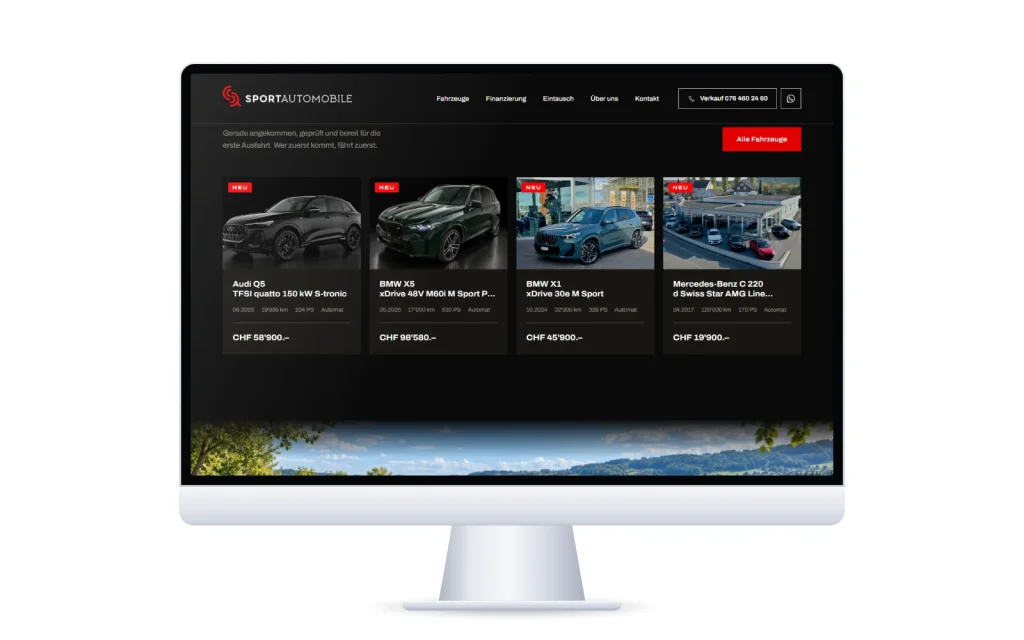 Bereich «Neu eingetroffen» auf der Website von Sport Automobile mit vier Fahrzeugen, Preis und Kilometerstand