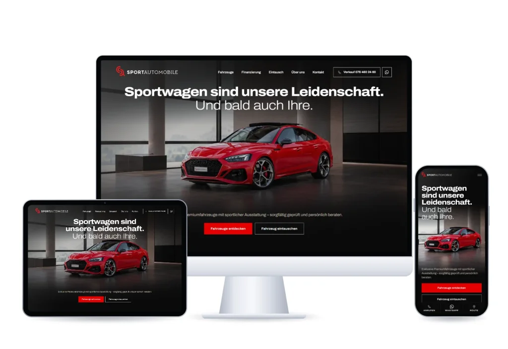 Startseite der Website von Sport Automobile auf Bildschirm, Tablet und Handy, roter Sportwagen im Showroom